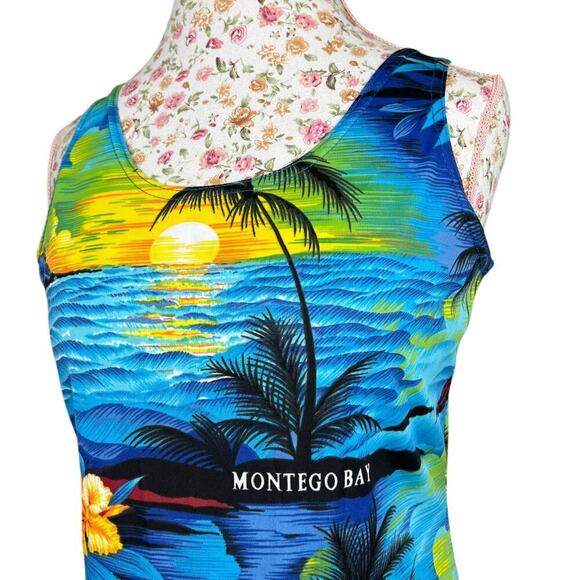 Vintage 90's Jamaica Montego Bay Dress Hawaiian Style Palm Mini Sleeveless Large - Picture 2 of 6